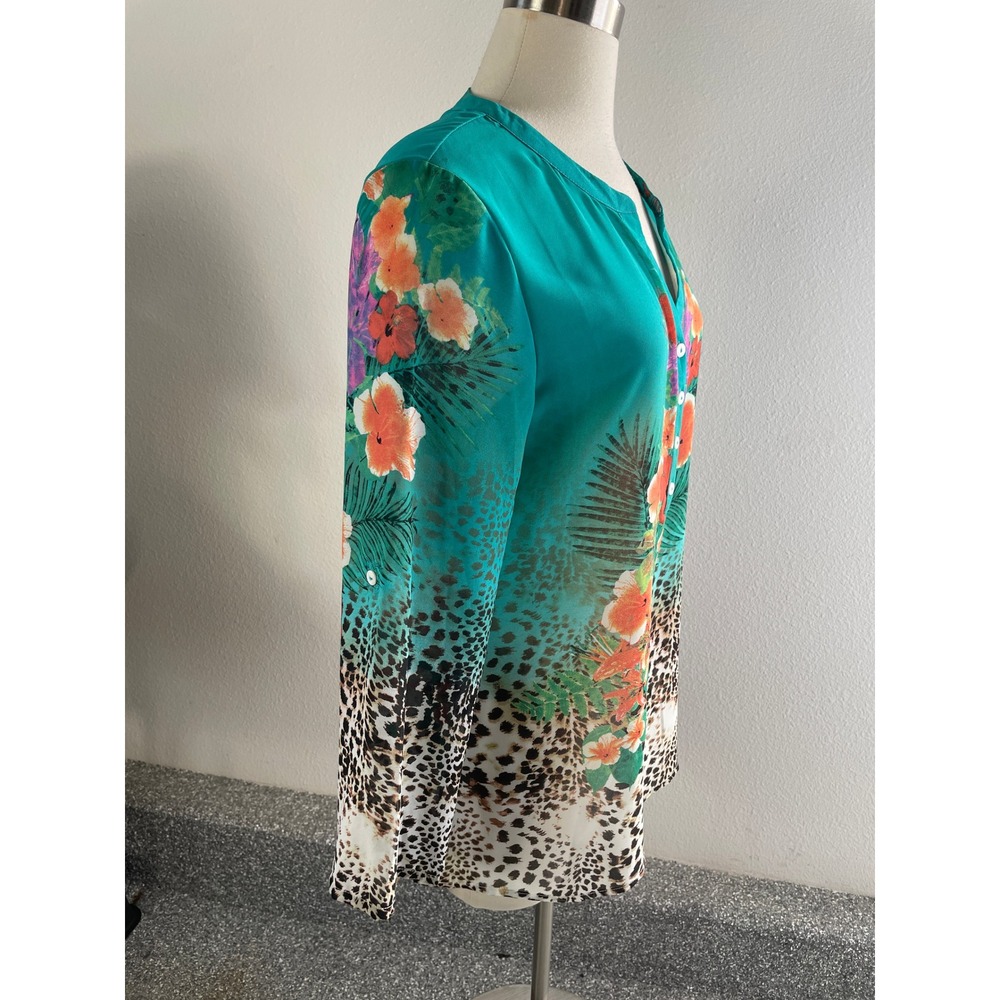 Soft Surroundings Womens Medium Teal Blue Silk Blend Split Neck Tunic Blouse Top - Picture 6 of 9
